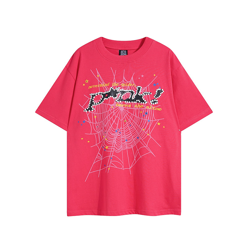 Pink crew neck t-shirt with a graphic print of a spider web and the word 'PUNK' in stylized lettering on the front.