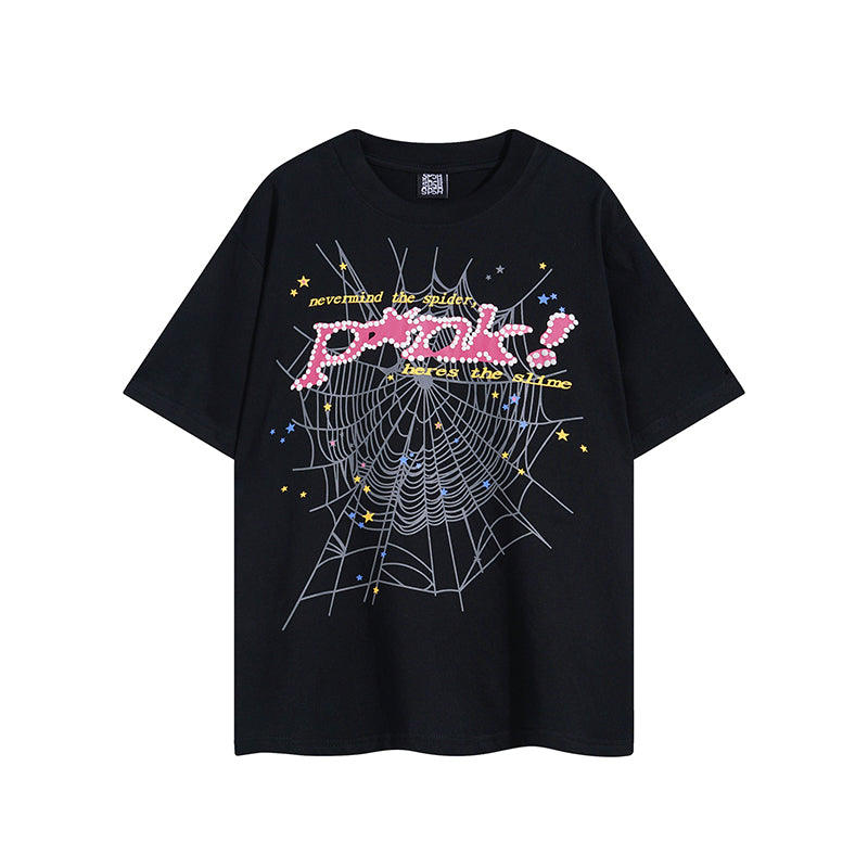 Black crew neck t-shirt with a graphic print of a spider web and the word 'PUNK' in stylized lettering on the front.